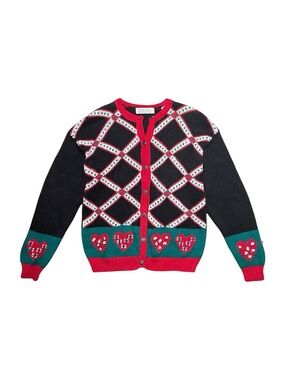 Vintage Knit Cardigan‎ Sweater Heart Argyle Red Black Green Women’s Medium